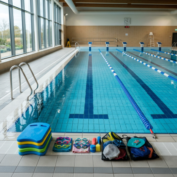 Indoor lap pool with lane dividers and swimming equipment on deck